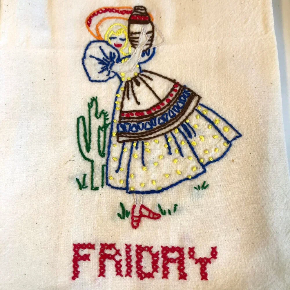 Set of 7 Vint 60s Collectible Embroidered Tea Towels Mexican Design Days Of Week